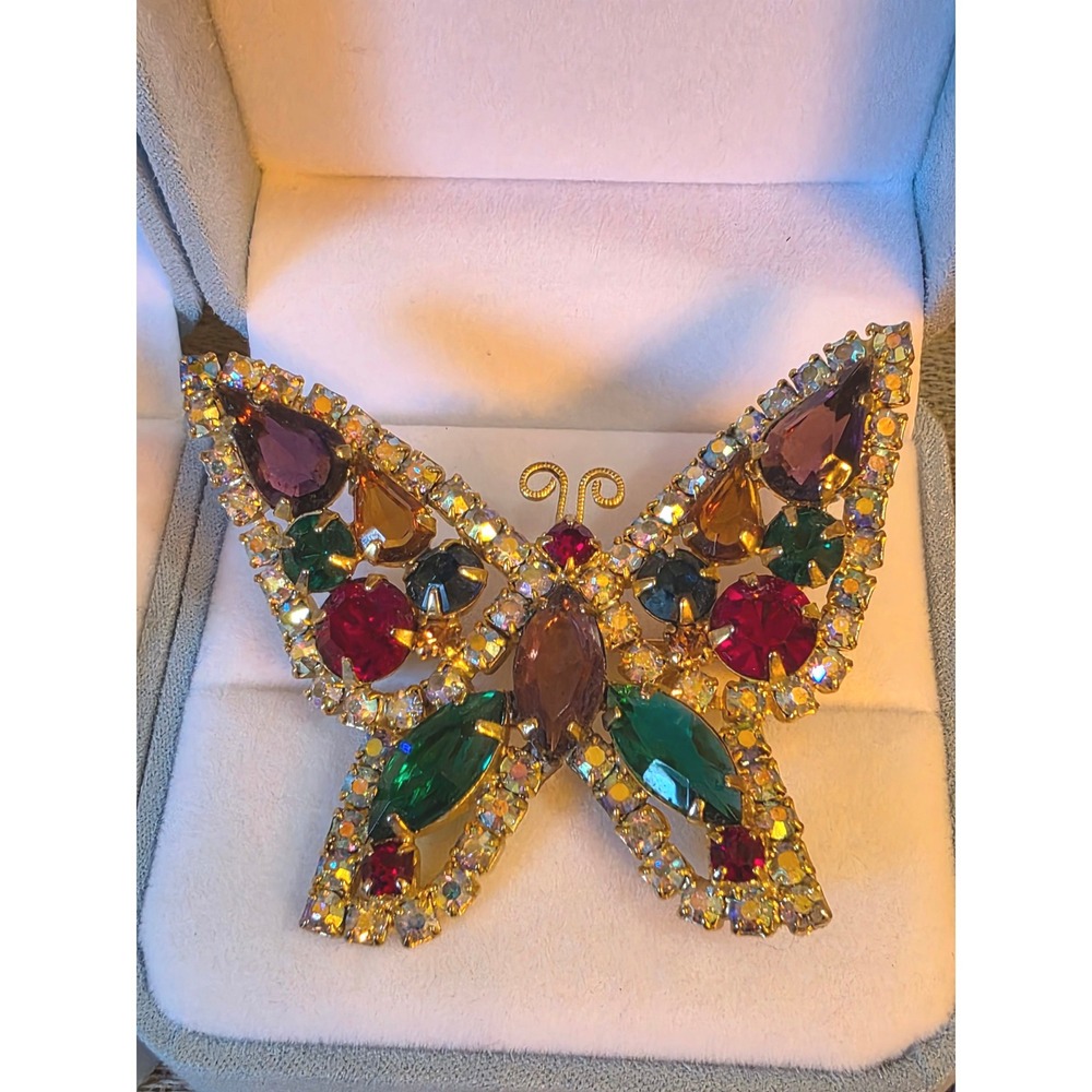Vintage Kramer New York Butterfly Brooch Multi‎ Color Rhinestone Gold Tone Pin